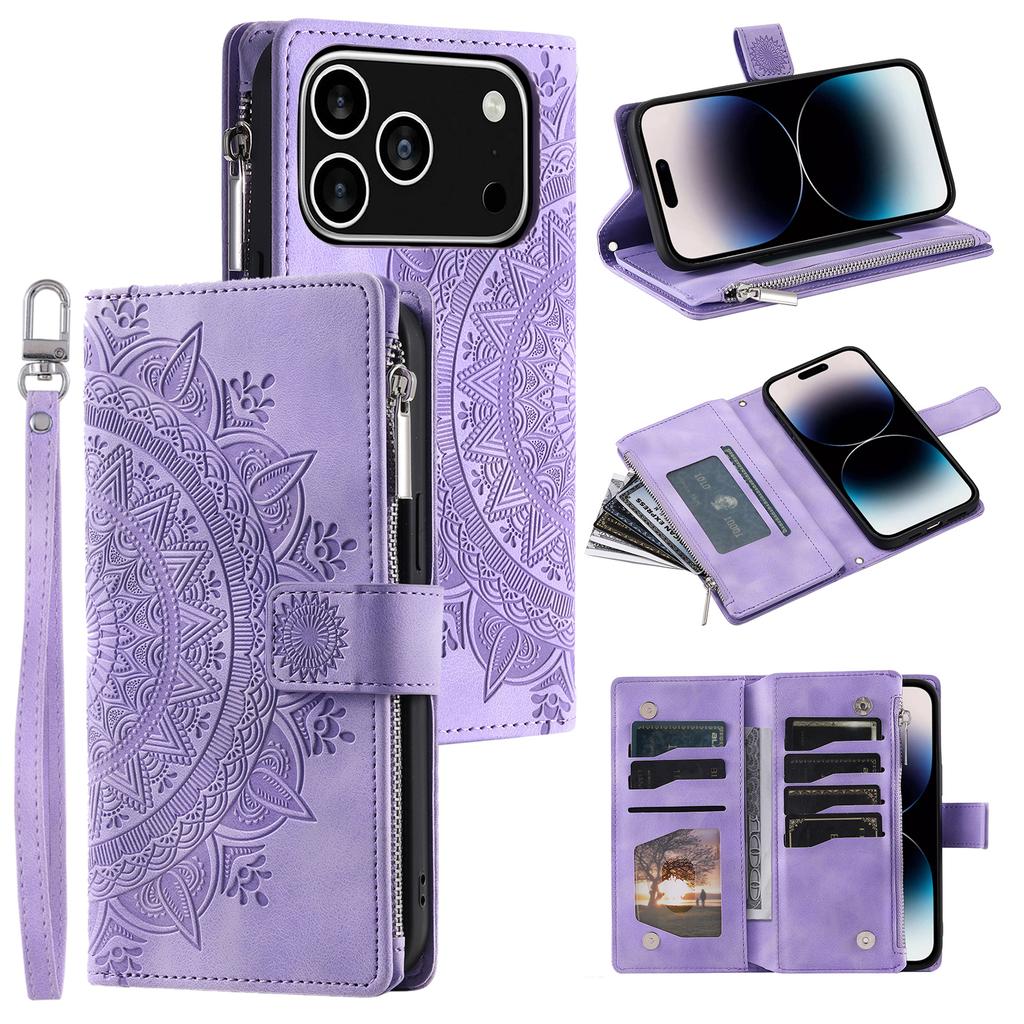 Pro iPhone 17 Pro Peněženkové pouzdro Vzor Mandala Květina PU Kůže Kryt na telefon s Poutkem na zápěstí