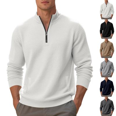 Sonbahar/Kış Ağır Kumaş Küçük Kareli Minimalist Günlük Erkek Bol Dik Yaka Yarım Fermuarlı Temel Katman Sweatshirt
