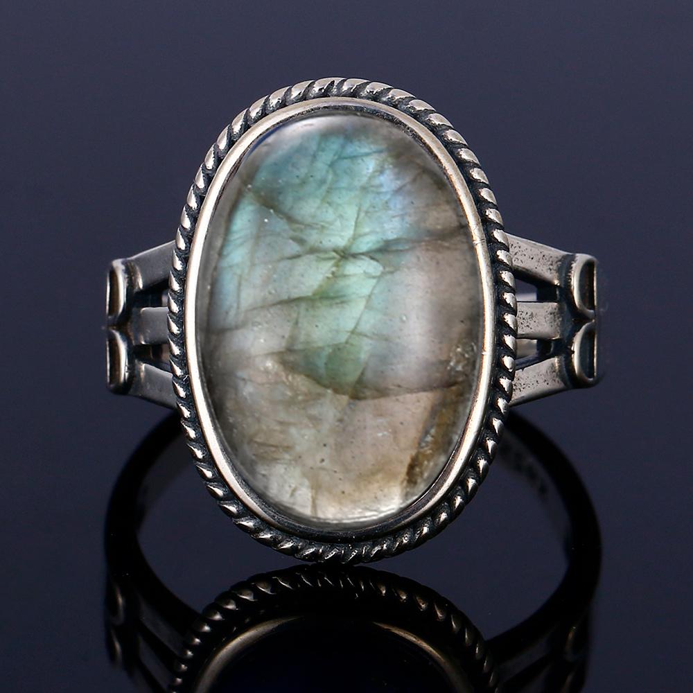 CopperRing for Women Oval Round Natural Labradorite Ring Gift Sun Shaped Retro Luxury Fine Jewelry