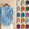 18 Colors S-5XL Women Cotton Linen Button Blouse Summer Female O-Neck Short Sleeve Solid Shirt Tops