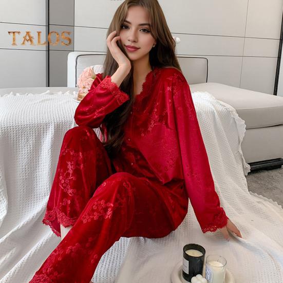 2 шт./комплект осень-зима женская пижама костюм кружевная отделка V-образный вырез принт — фото 4