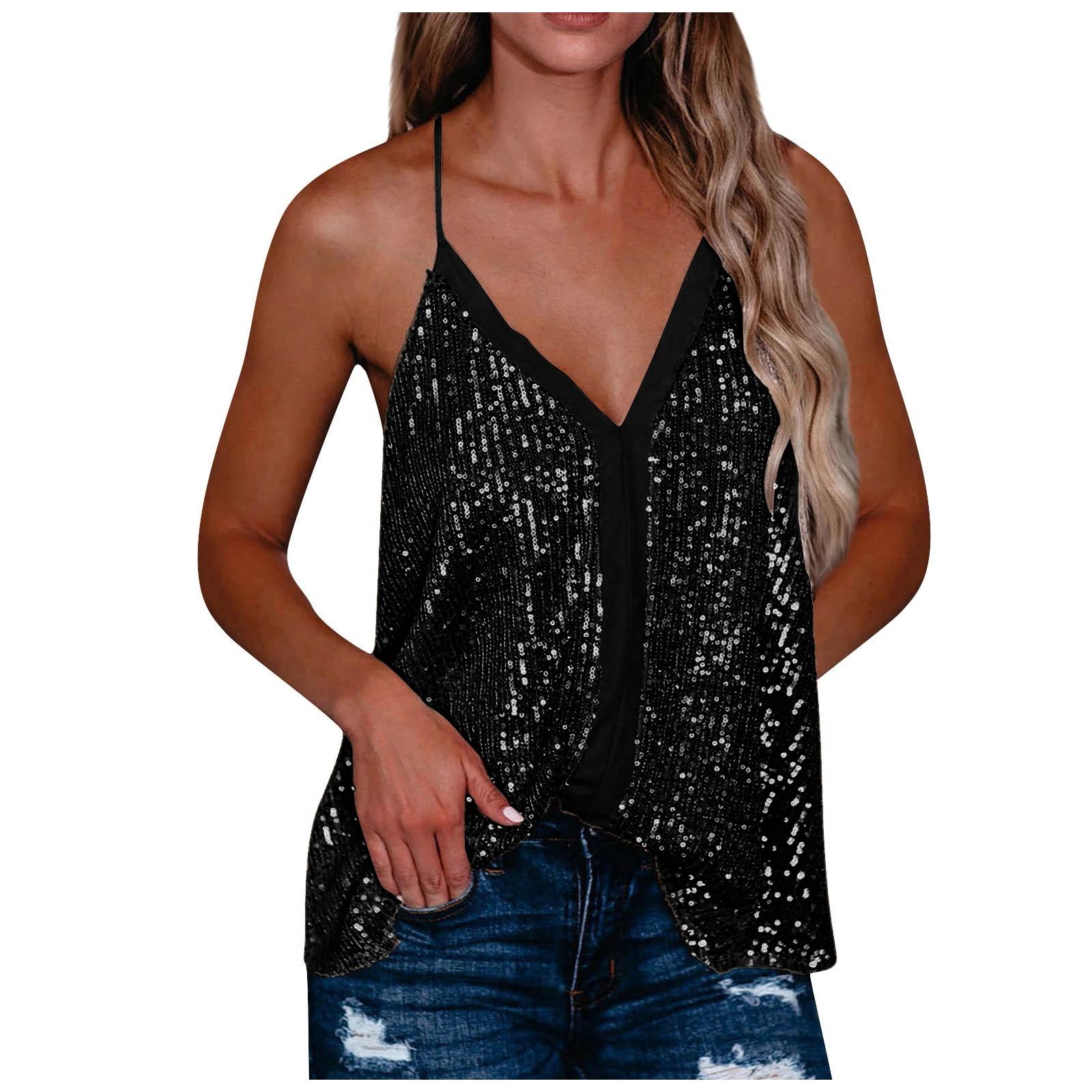 

Женская мода с V-образным вырезом и блестками на бретельках, свободные повседневные туники без рукавов, майки XL чёрный