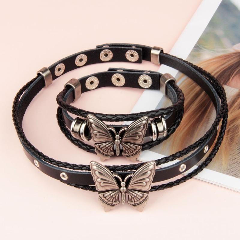 Women Men Cool Punk Choker Necklaces Bracelet Gothic Butterfly Pendant Biker Choker PU Leather Collar Sexy Jewelry Gift