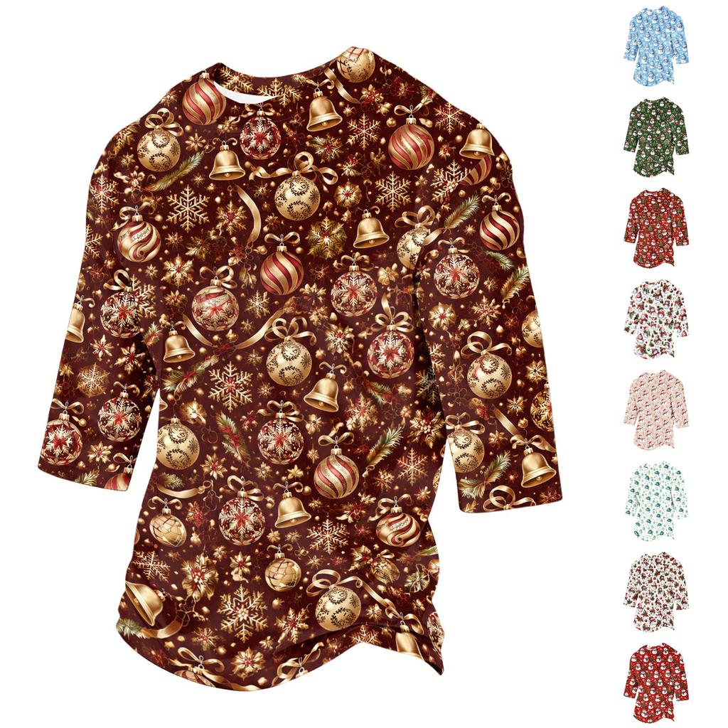 Men's Casual Christmas 3/4 Sleeve T-Shirt with Round Neck for Holiday Festive Wear