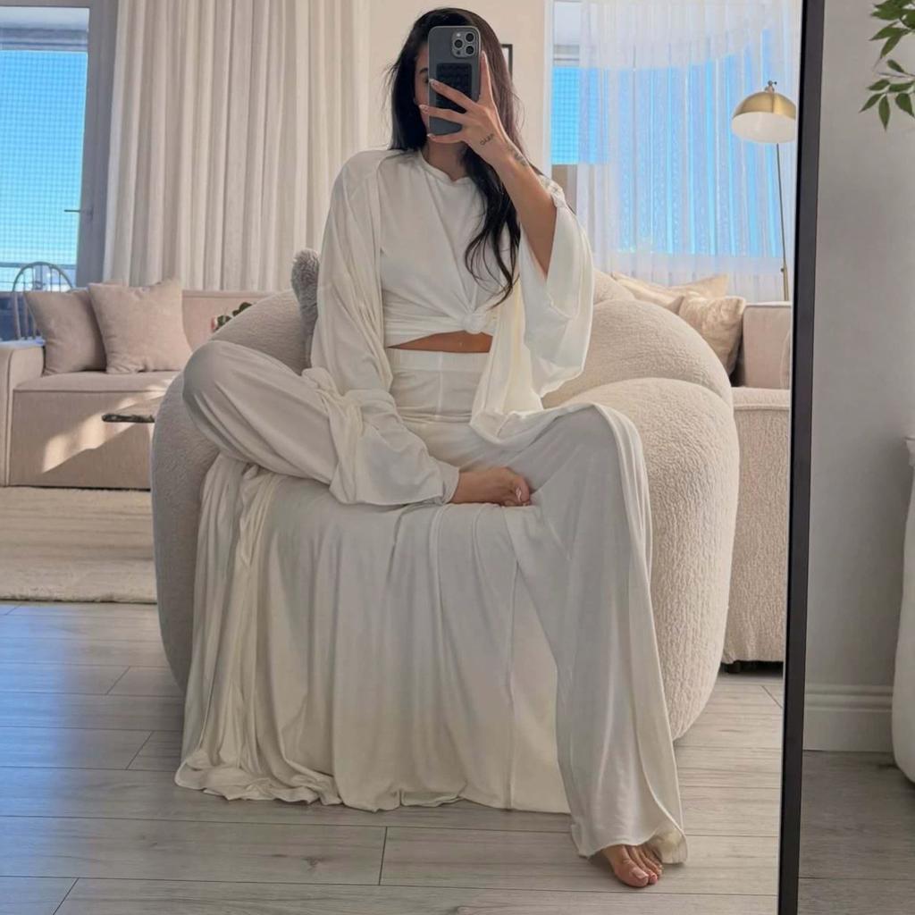 Spring and Autumn New European and American Women's Clothing Cross-border Long Sleeve Shirt Long Top Short T-Shirt Wide Leg Pants Three-piece Set