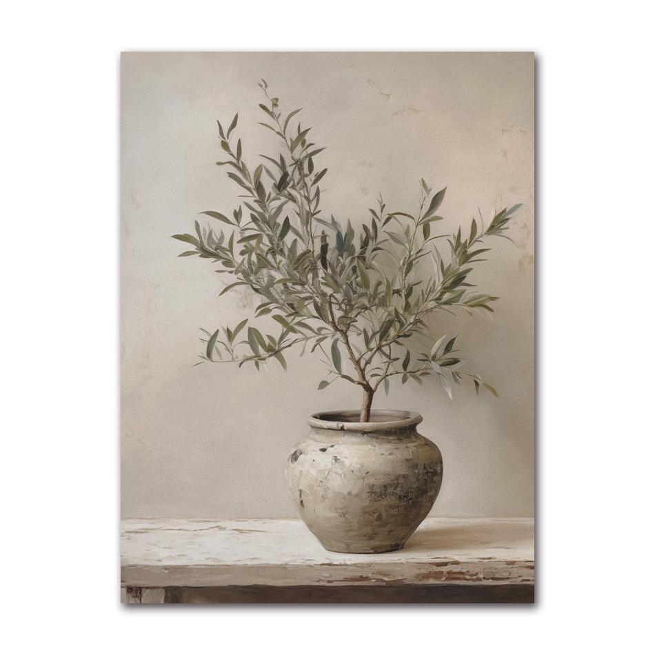 Vintage Minimalist Wall Art Italy Olive Tree In Vase Canvas Painting Poster Prints Still Life Botanical Antique Home Room Decor