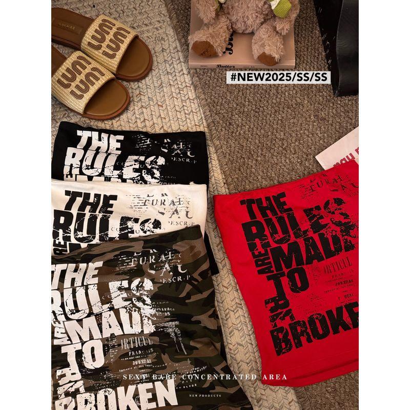 American vintage Letters Print Gyaru Red Tube Top Vest Women Summer Short Slimming With Chest Pad Outer Wear Top