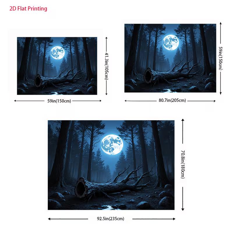 2D Full Moon Forest Banner, Dark Blue Night Woods with Fallen Tree
