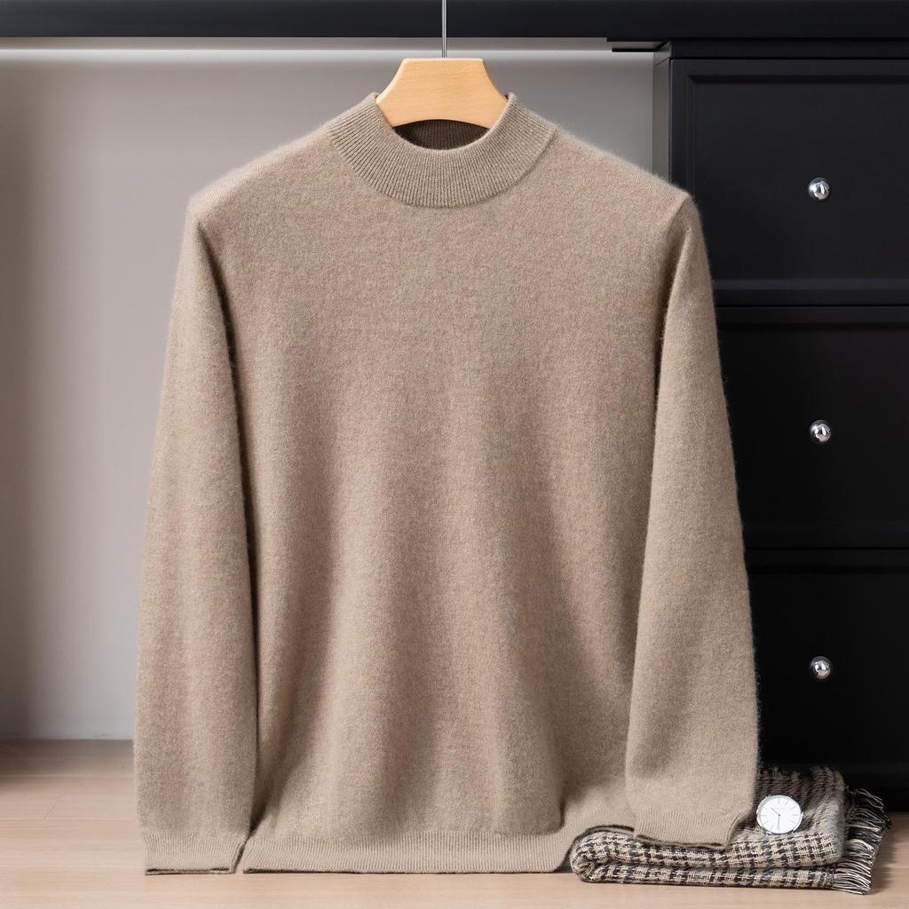 Men's 12-Gauge Double-Layer Cashmere Sweater, Half-High Collar, Long-Sleeve, Business Casual, Warm Knitted Base Layer