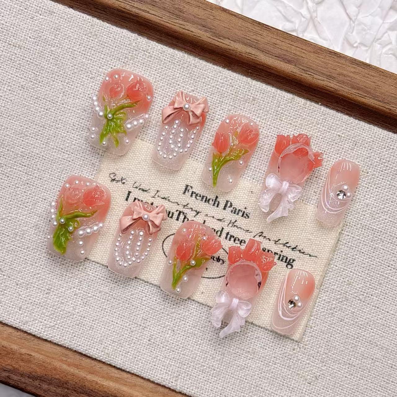 Pink Embossed Tulip 3D Gentle Whitening Short Almond Wearable False Nails