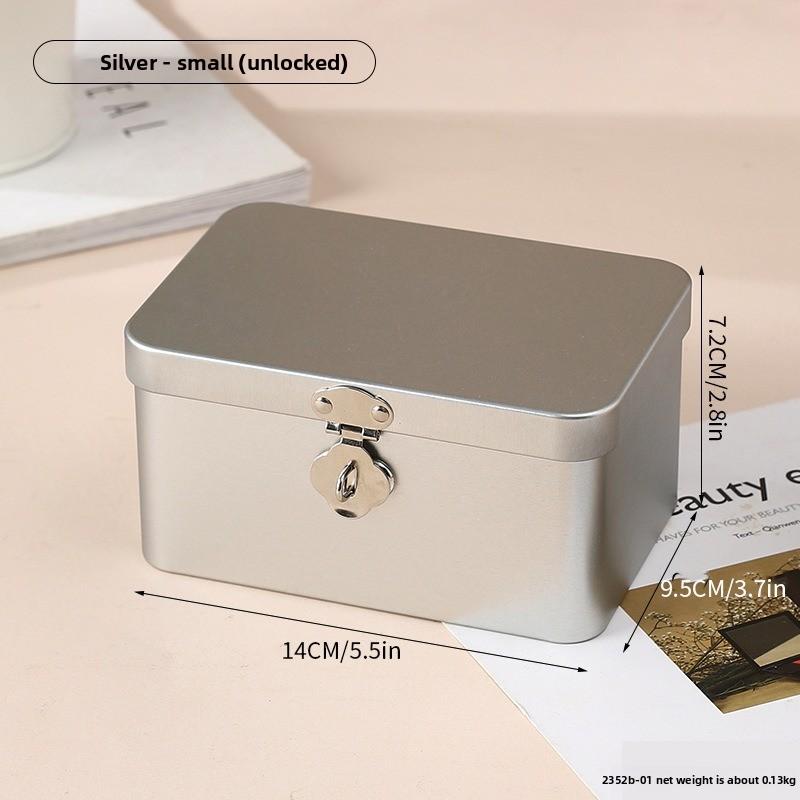 Retro Tinplate Box with Lock Key, Desktop Storage Box, Cosmetics, ID Storage, Household Jewelry Empty Box.