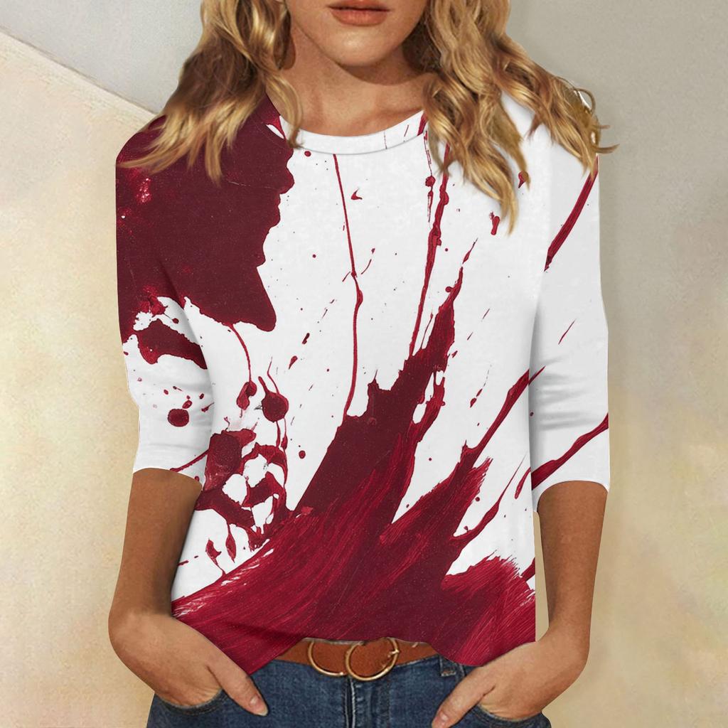Women's Fashion Casual Three-quarter Sleeve Halloween Printed Round Neck Top