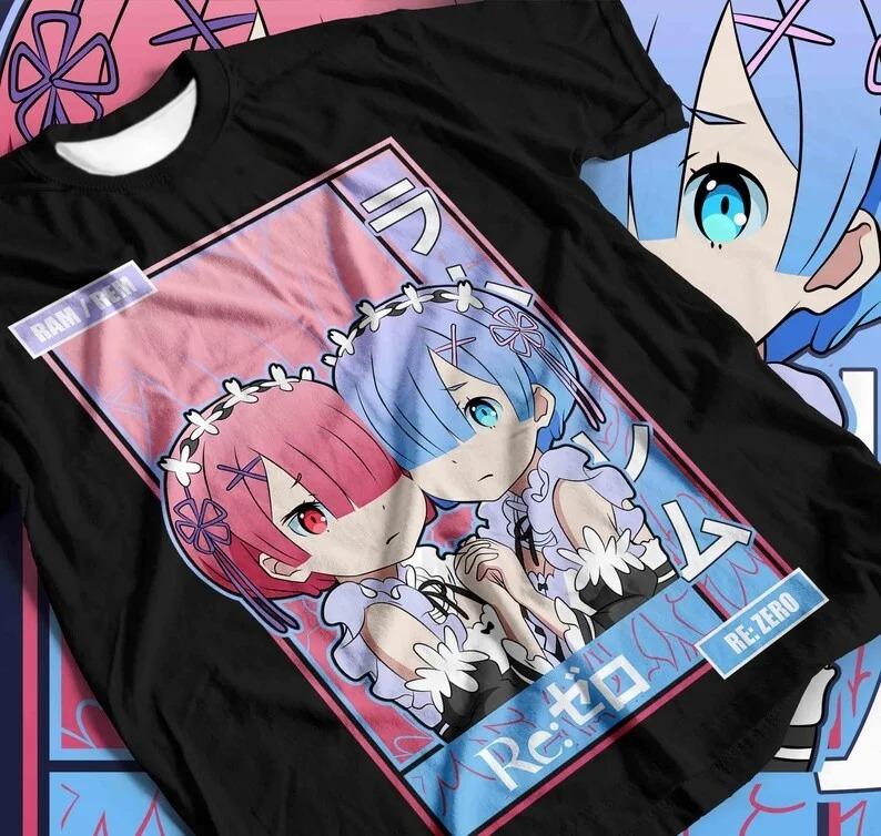 Ram & Rem Re:Zero Vintage Anime Oversized T-Shirt, Twin Maids Graphic Tee, Unisex Casual Top