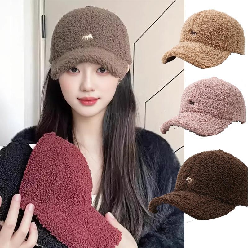 Embroidery little fox lamb wool baseball cap children autumn and winter warm versatile big head circumference plush cap