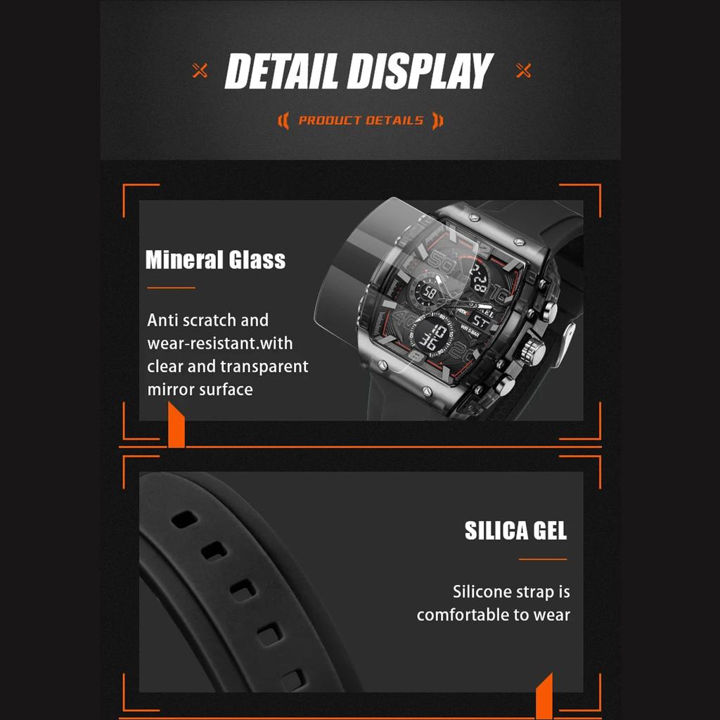 Electronic Watch Square Dual Display Waterproof Luminous Multi-color Wristwatch for Men