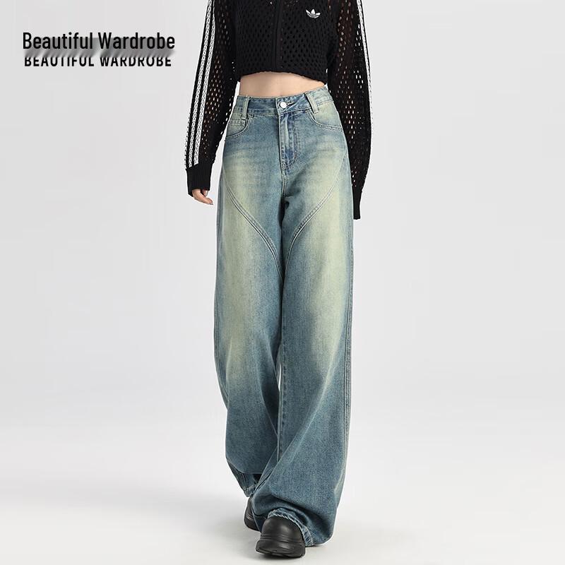 Women's Retro Blue High-Waist Loose Wide-Leg Washed Jeans