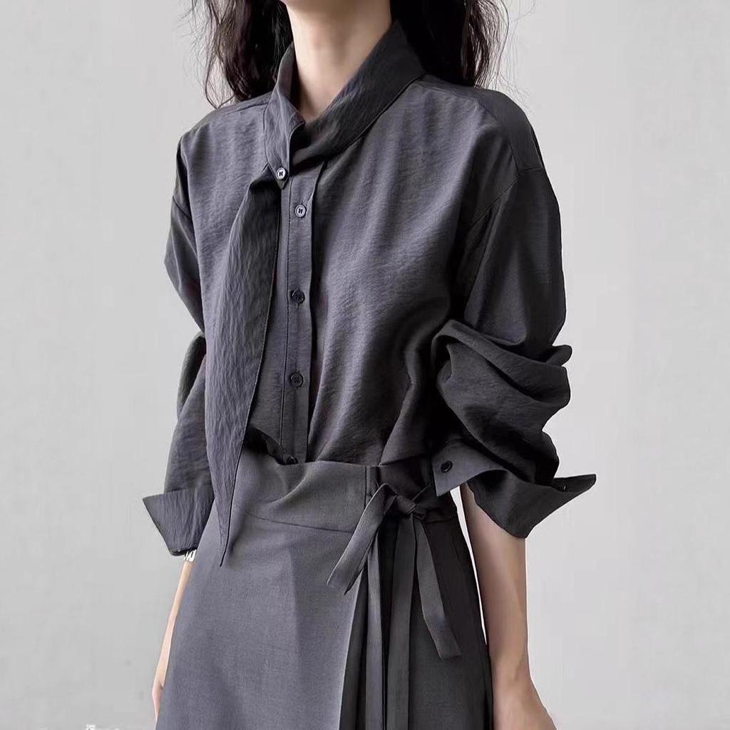 Korean-Style Scarf Collar Women's Long Sleeve Shirt - Spring/Autumn Loose-Fit French Top