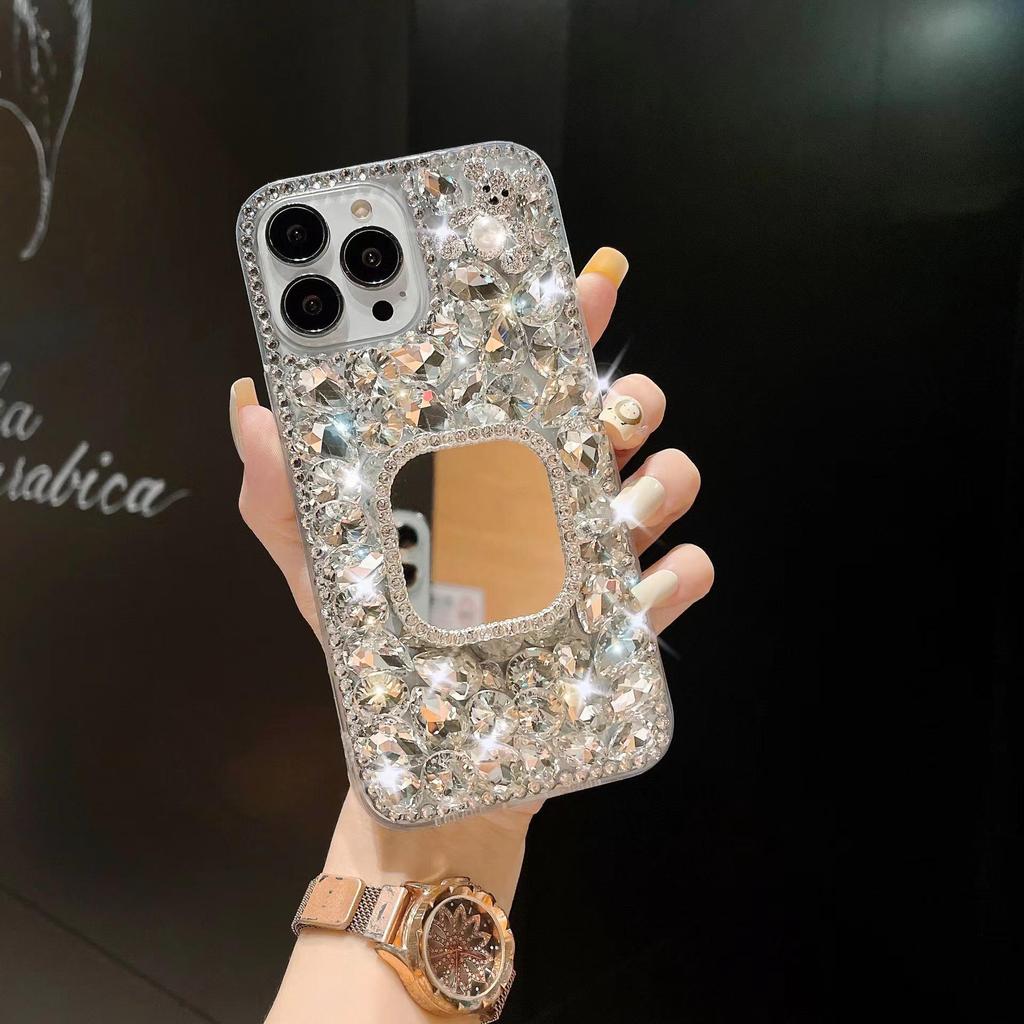Diamond Pearl Bear Stand Mirror with Anti-Fall for Apple 15PRO/14/13 Mobile Phone Case