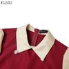 ZANZEA Women Turn Down Collar Casual Long Sleeve Patchwork Dress