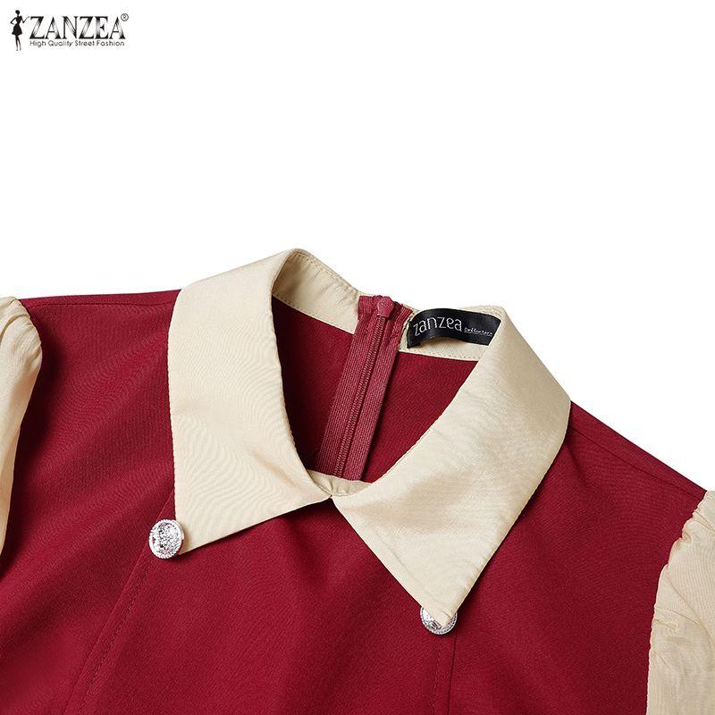ZANZEA Women Turn Down Collar Casual Long Sleeve Patchwork Dress