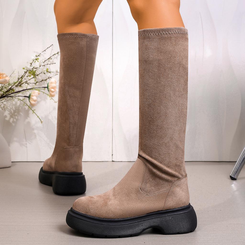 Woman Ankle Boots Platform Punk Style Knee High Boots Woman Concise Slip on Elastic Slim Shoes Ladies Outdoor Thick Bottom Shoes