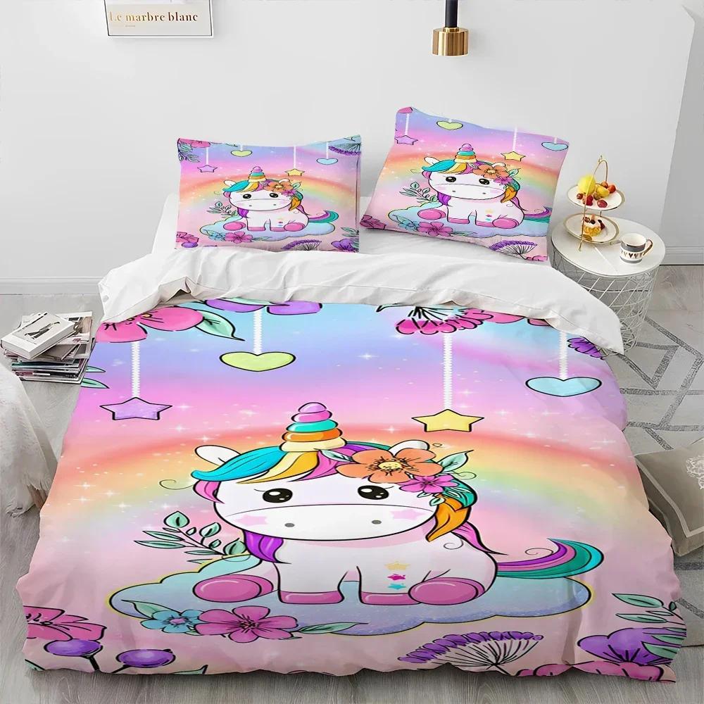 Luxury New 3D Print Unicorn Cute Cartoon Comforter Bedding Set,Duvet Cover Bed Set Quilt Cover Pillowcase,Queen Bedding Set