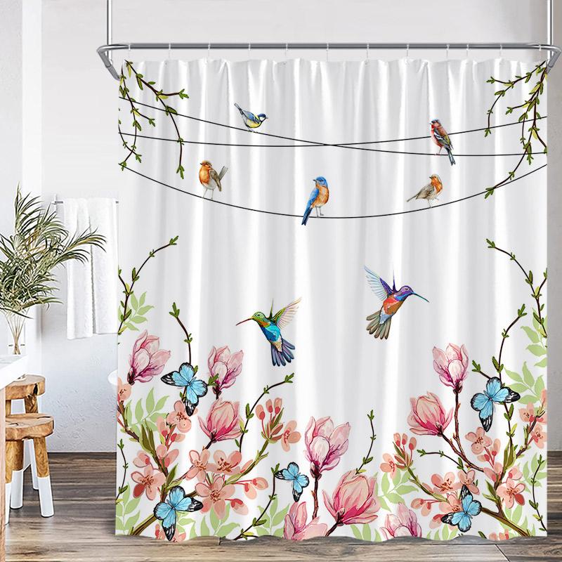 Colorful Bird Shower Curtain Green Leaves Birds On Tree Branch Bathroom Decorative Polyester Fabric Bath Curtains Set With Hooks