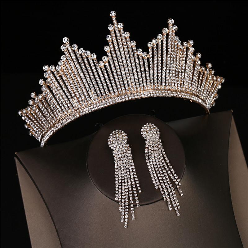 Baroque Silver Color Crystal Bridal Tiaras Crown With Earrings Rhinestone Pageant Diadem Luxury Wedding Hair Accessories Bijoux