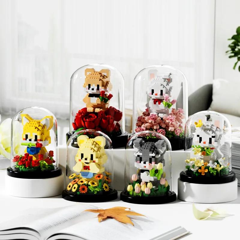 Non-Toxic Mini Building Block Animal Garden Cartoon Rabbit Rose Bricks Diy Assemable Eternal Flower Creative Educational Toys For Children