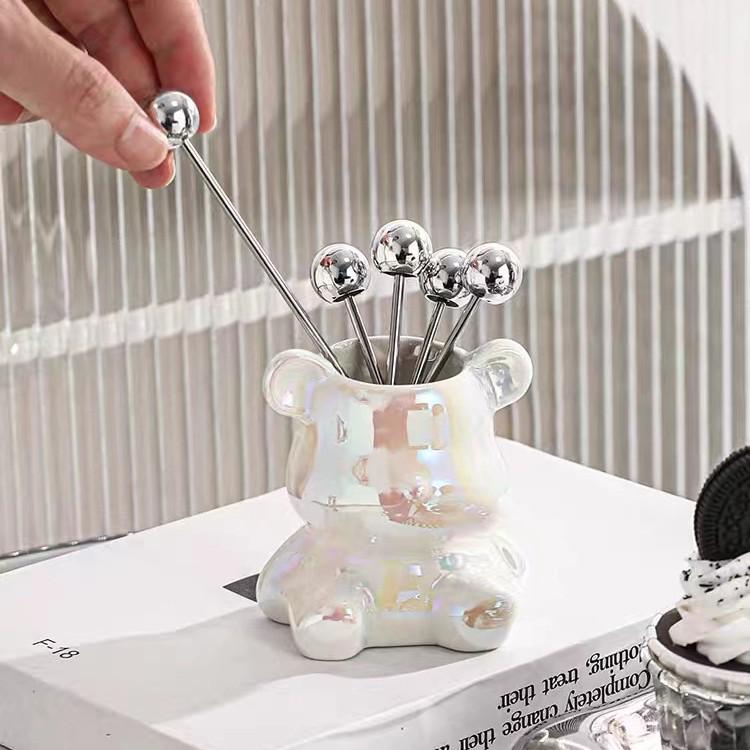 Ceramic Bear Jar with Stainless Steel Fruit Forks - Light Luxury Cutlery Set