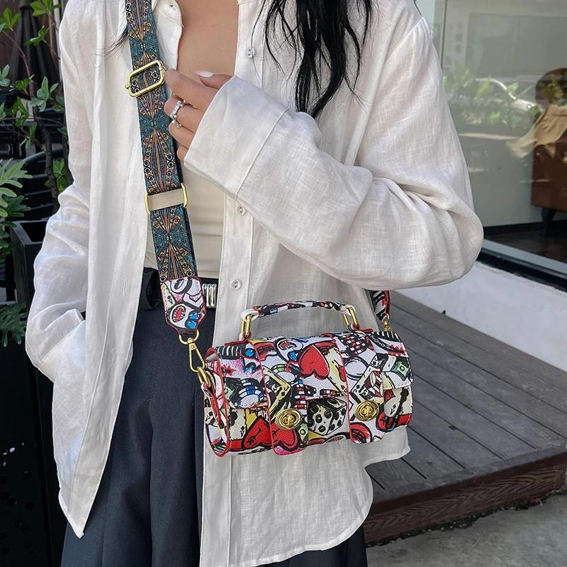 Animated Graffiti Bag for Women  Wide Strap  Small Shoulder Bag  Square  Crossbody  Phone Bag  Feminine Fashion  New Designer