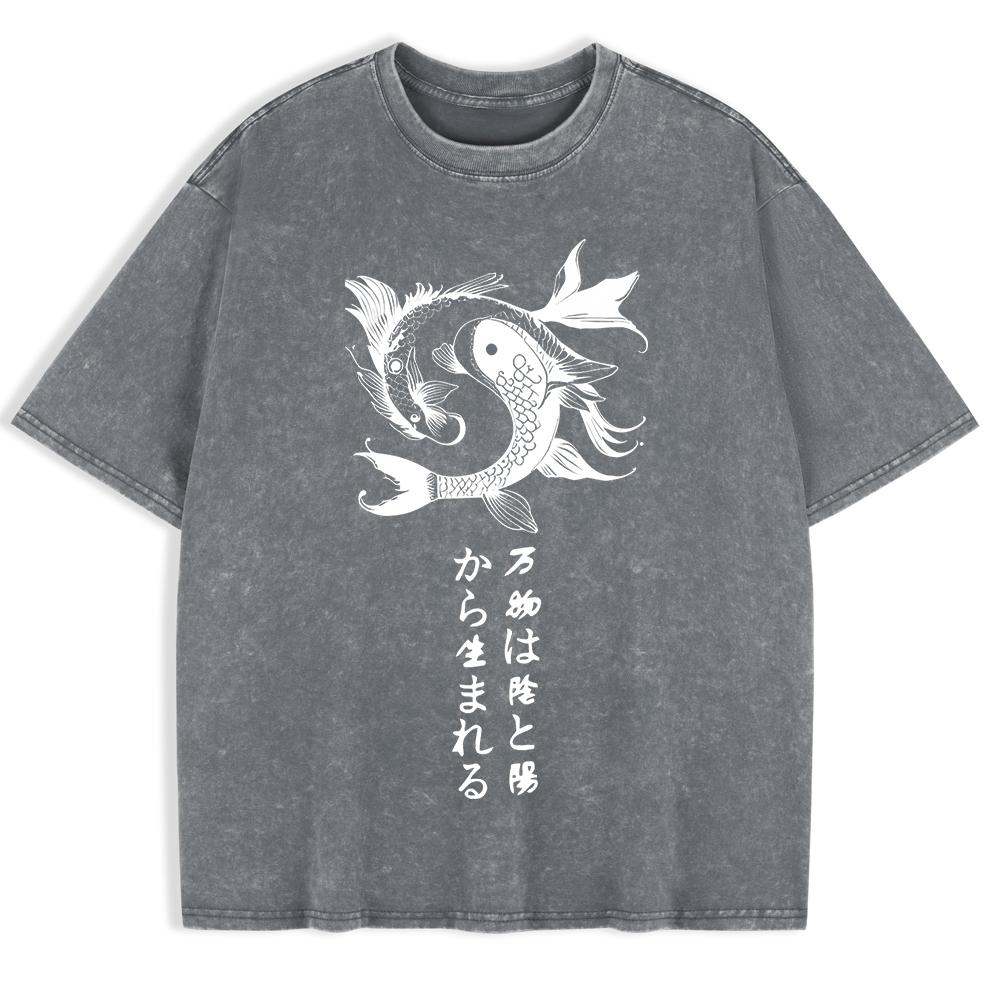 Japanese Koi Harajuku Printed Washed T-Shirts Mens Cotton Short Sleeve Tops Summer O-Neck Oversize T Shirt Clothes