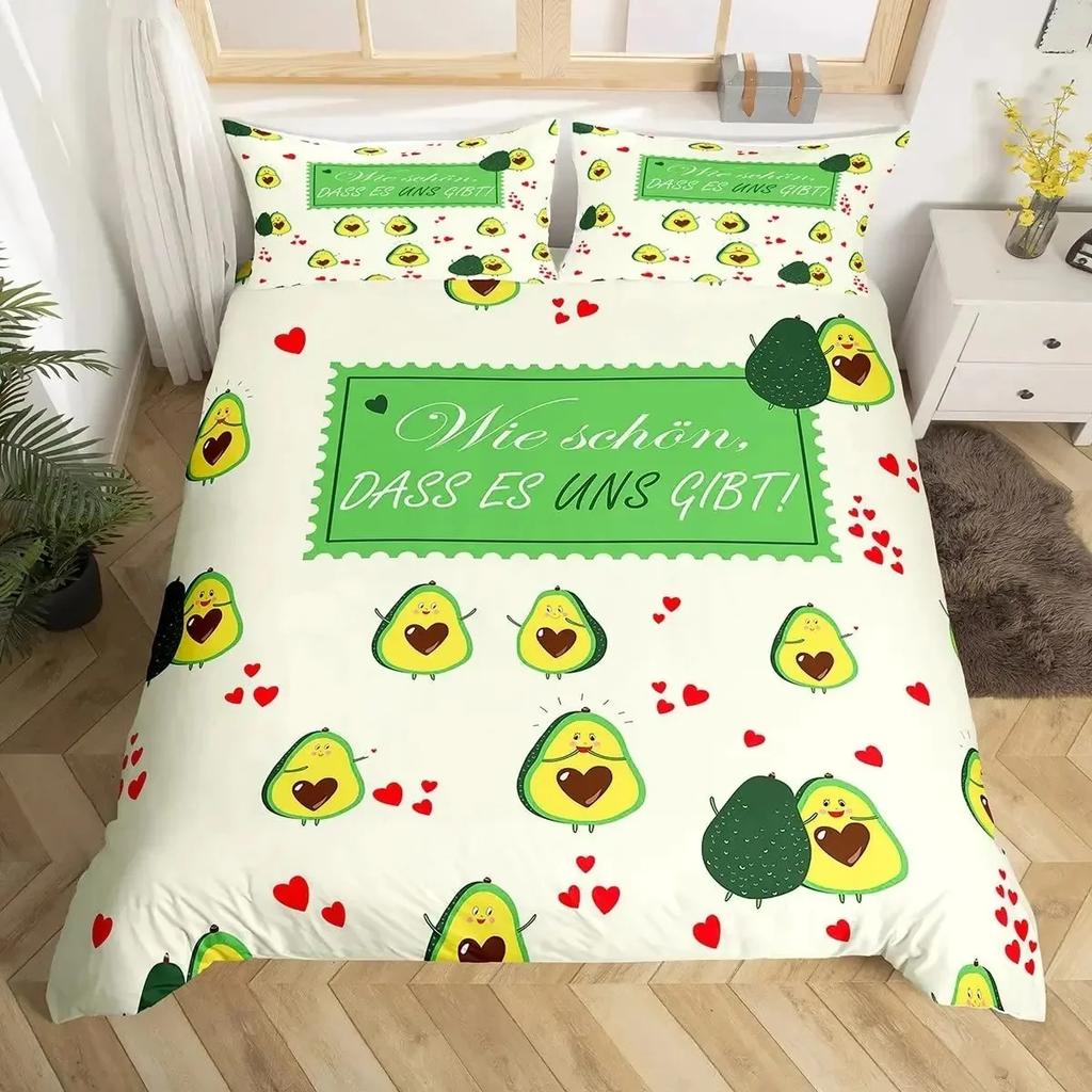 Avocado Duvet Cover Set Queen Size 3D Printed Cartoon Funny Faces Avocado Bedding Set Green White,Tropical Botanical Quilt Cover