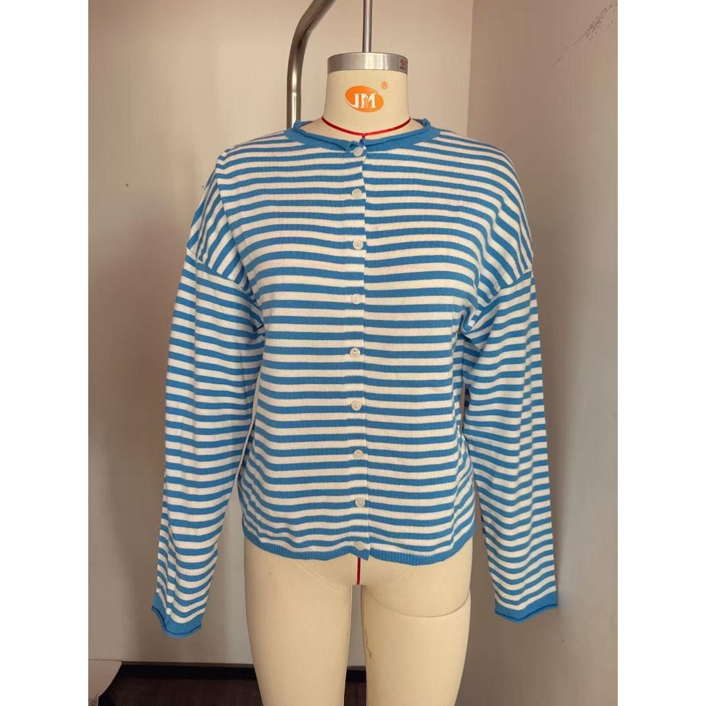 Women's Striped Contrasting Sweater for Autumn and Winter, Long Sleeved Casual Cardigan