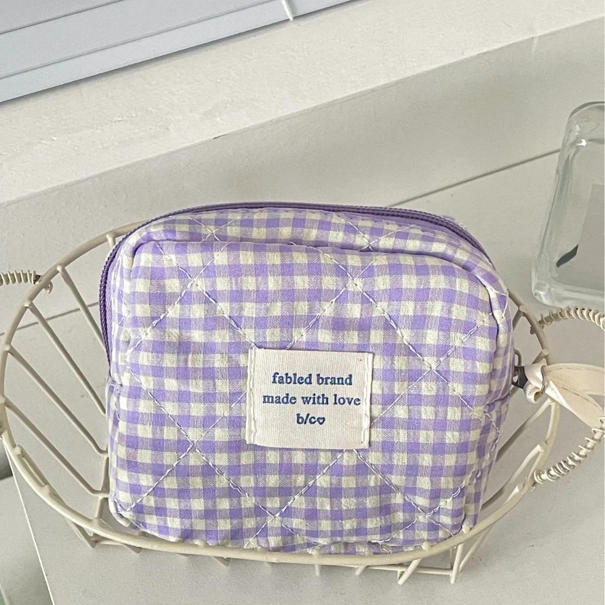 

Quilted Cotton Ladies Small Storage Bags Purse Pillow Female Makeup Pouch Case Handbags Contrast Color Plaid Women Cosmetic Bag