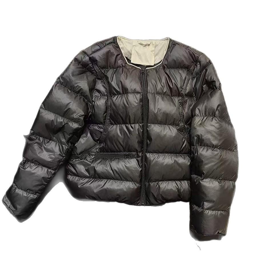 Women's Collarless Lightweight Puffer Jacket Zip Up Horizontal Quilted Slant Zipper Pocket Drawstring Hem Solid Color Short Winter Coat