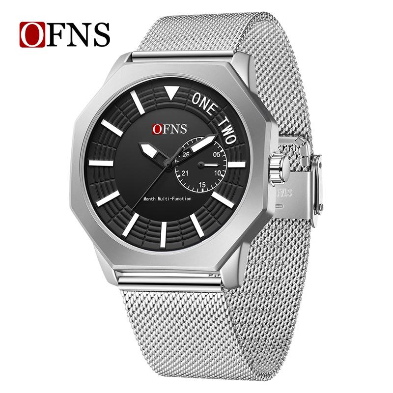 OFNS Octagonal Men's Quartz Wristwatch: Simple Bar Index, Date Display, Waterproof, Business Style, Douyin Inspired.