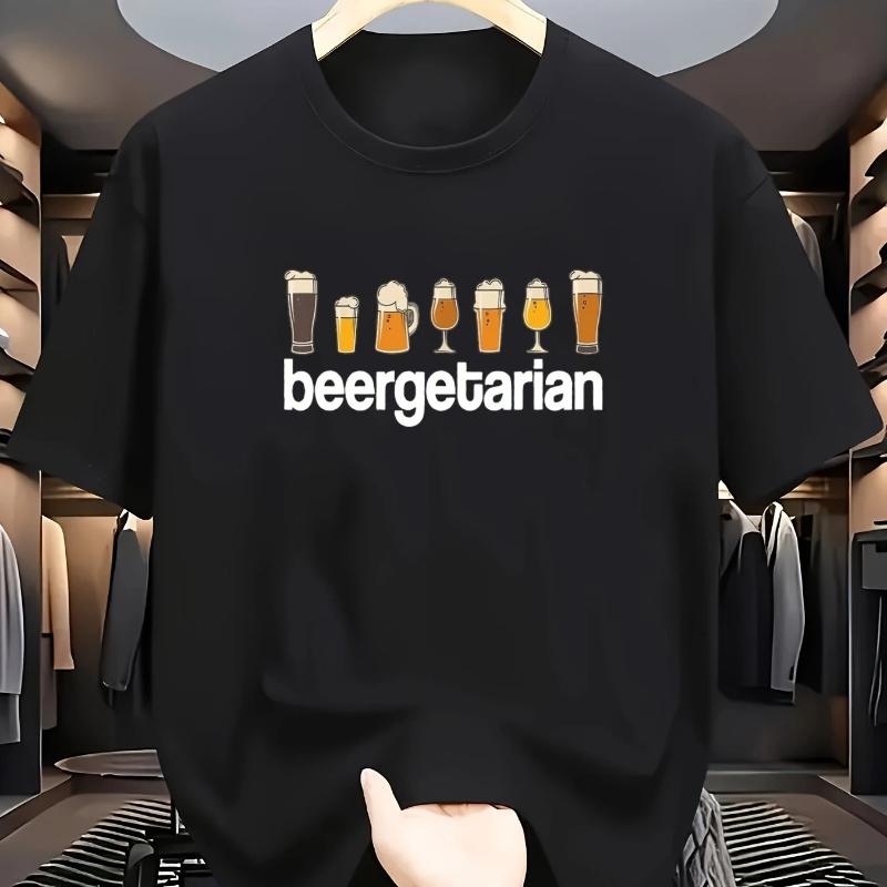 Maglietta Divertente da Uomo in Cotone per Amanti della Birra Vegani BEERGETARIAN Stampa con Bicchieri da Birra Simbolo Vegano Blu Navy Girocollo Maglietta Casual