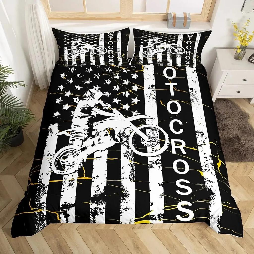 Dirt Bike Duvet Cover Set,Sports Biker Motocross Racing Moves Theme Bedding Sets,Youth Cool Teen Boys Comforter Cover Set