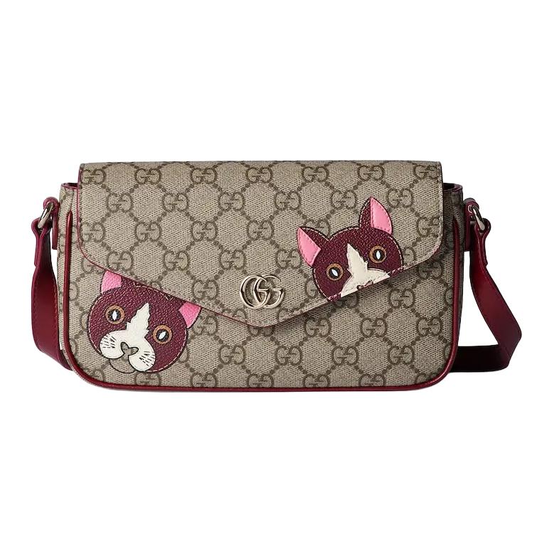 Gucci Double G Logo Cat Detail Coated Fabric Mini Shoulder Bag Women shoulder bag Deep-Red Brown 818764-FAEEP-8574