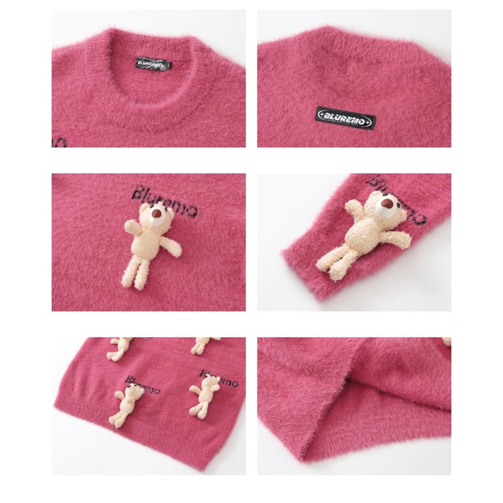 BLUREMO Herbst und Winter Neu Lustiger Cartoon Bär Puppe Gestrickter Pullover Buchstaben Jacquard Rundhals Lockerer Pullover