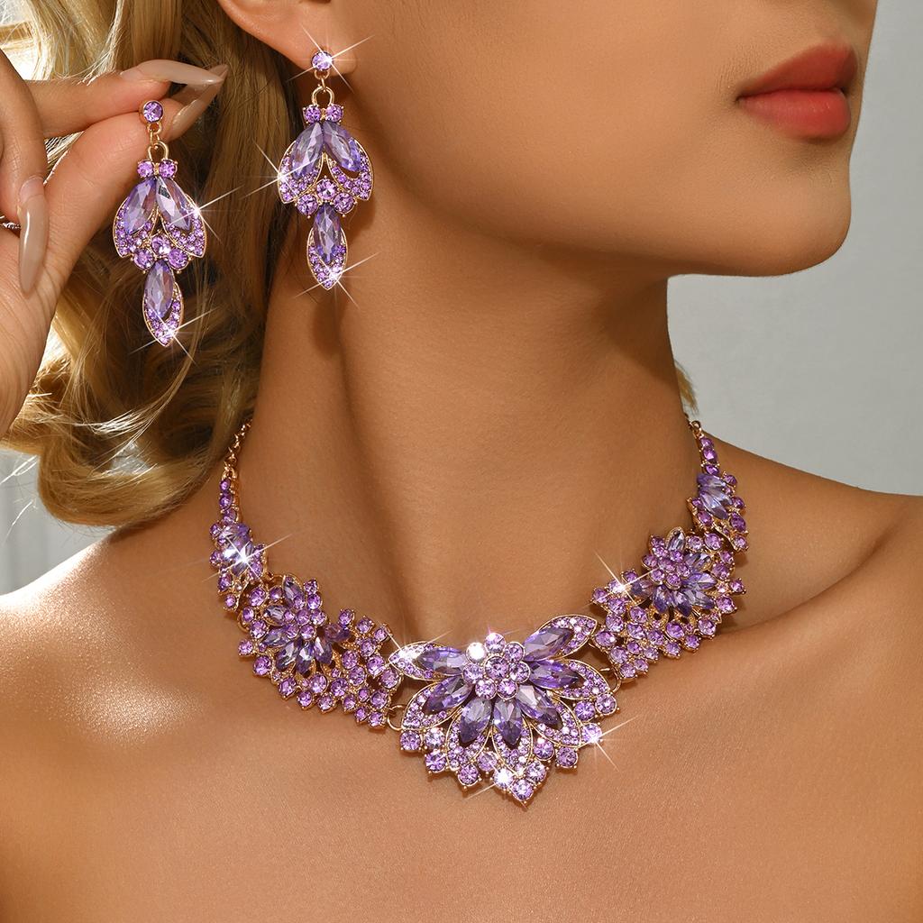 Diamond Inlaid High-end Alloy Multi-color Necklace Earrings Suitable for Women's Vacation Travel Eye-catching Accessories