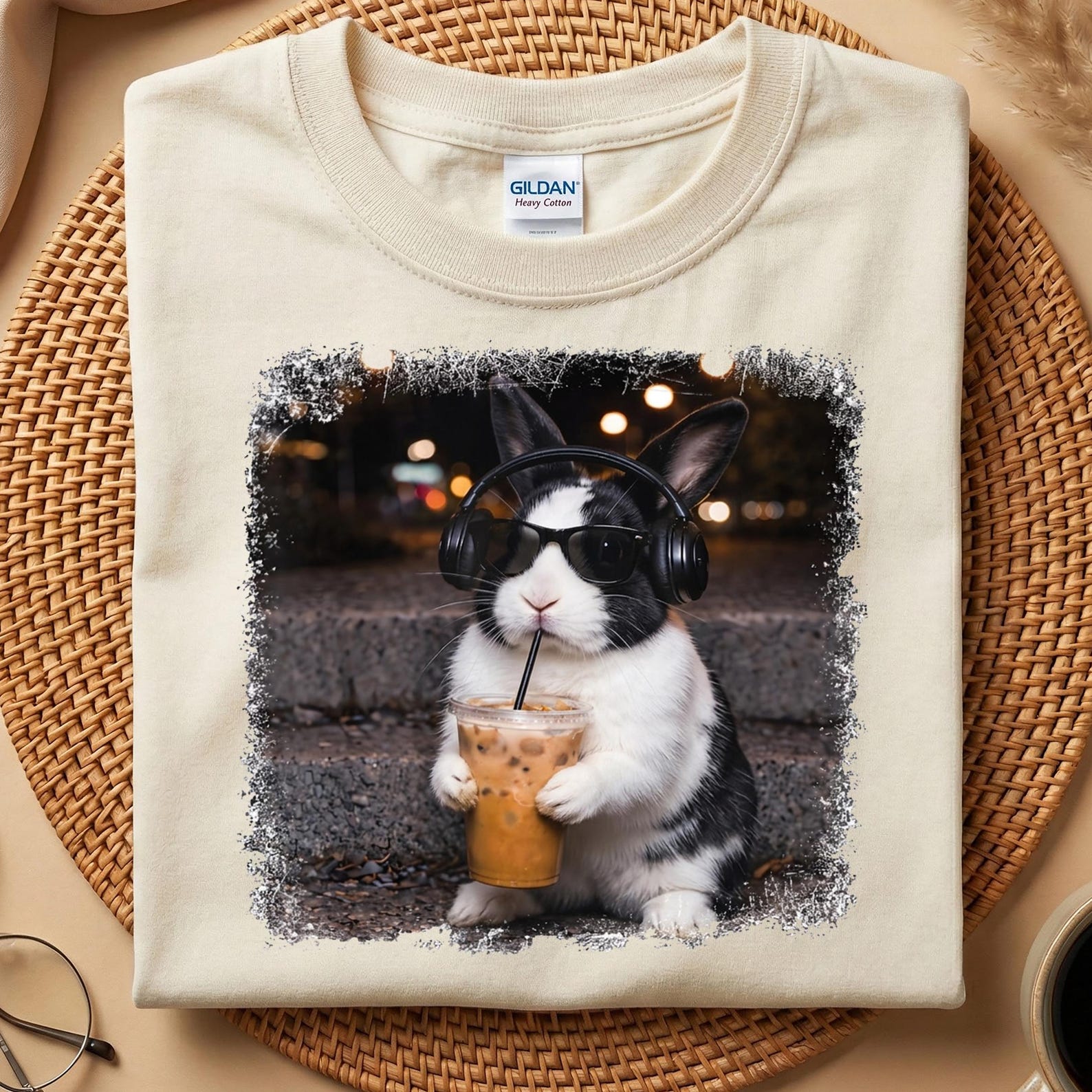 Cool Bunny Boba Tea T-Shirt, Funny Rabbit Headphones Shirt, Bunny Lover Gift Tee, Cute Rabbit Coffee Shirt, Aesthetic Animal Graphic Tee S