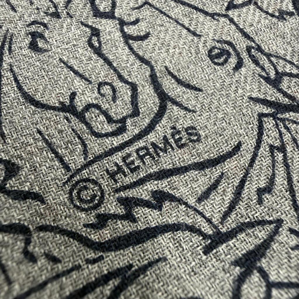 Excellent HERMES Scarf Tisse Reversible Horse Mix Fringe Gray Cashmere Mens Used
