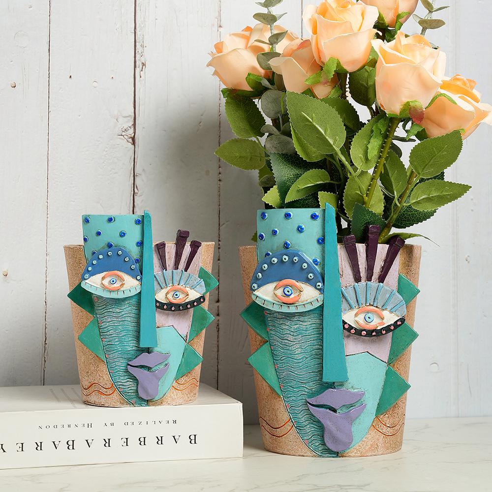 Barevný abstraktní květináč s obličejem a květinami pro vnitřní i venkovní rostliny Domácí zahradní umělecké dekorace Zábavná dekorativní hlava váza