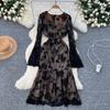 Summer Elegant Embroidery Flower Mermaid Evening Party Dress Women Long Flare Sleeve Cup Padded V Neck One Piece Mesh Folds Prom Robe