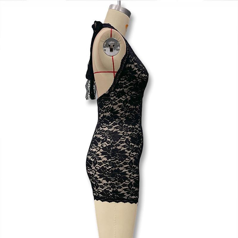 2026 Fashion V-neck Lace Summer Suspender Short Dress Bodycon Sleeveless Party Club Short Dress Halter Neck Women's Backless Sexy Slim Mesh Miniskirt