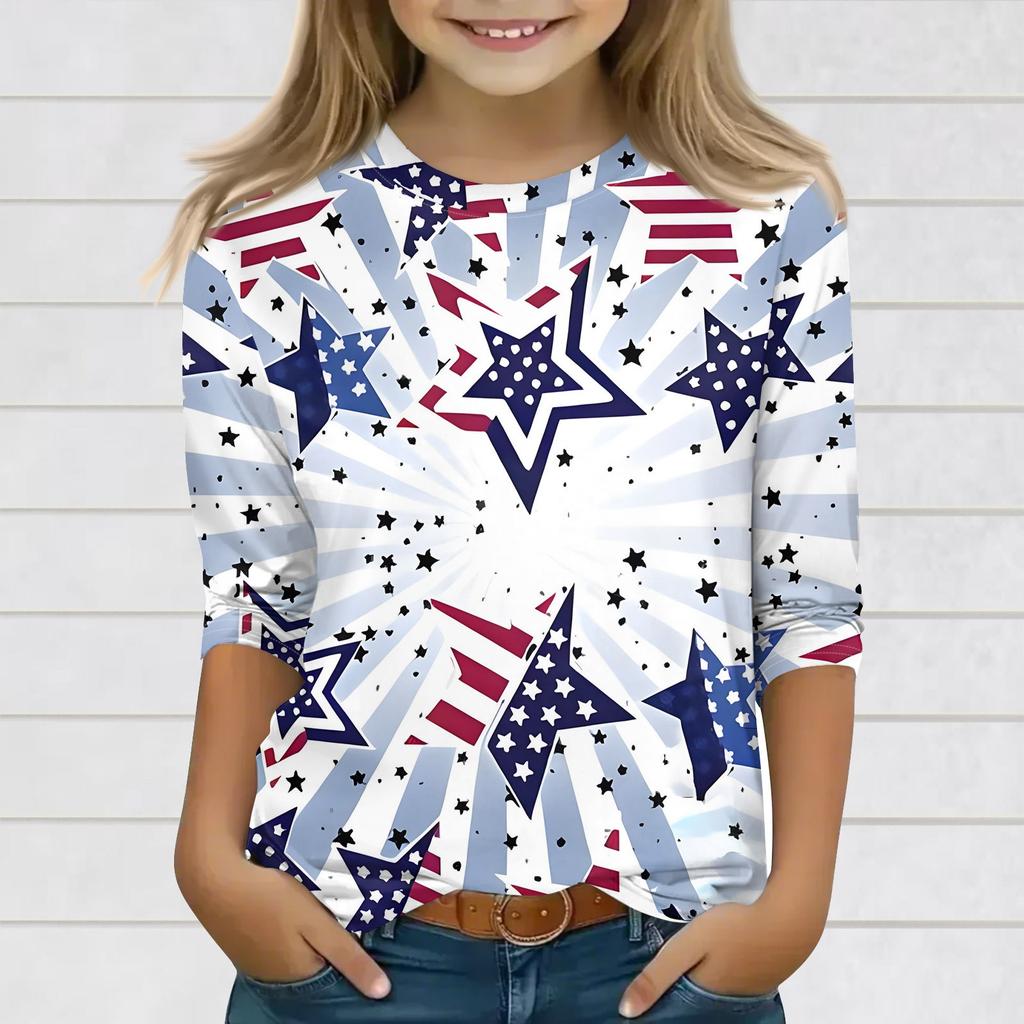 Print Tops For Youth Girls 3-10 Years Round Neck 3/4 Sleeves T-Shirts Trendy Tops Outfit Tees