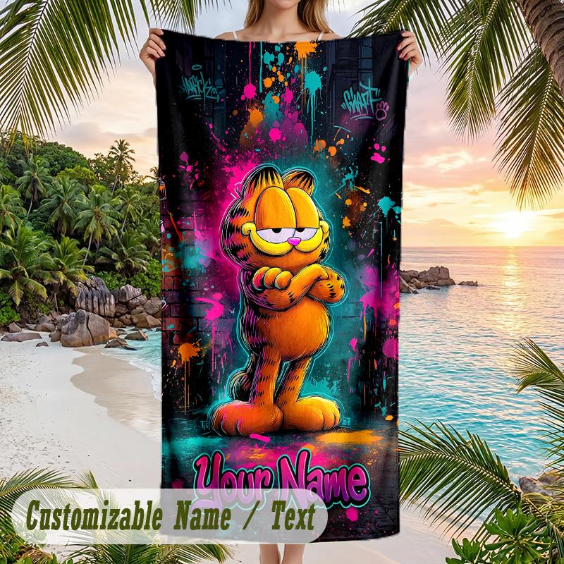 Garfield Beach Towel, Personalized Custom Text, Quick Dry Soft Large Towel For Swimming Pool Travel