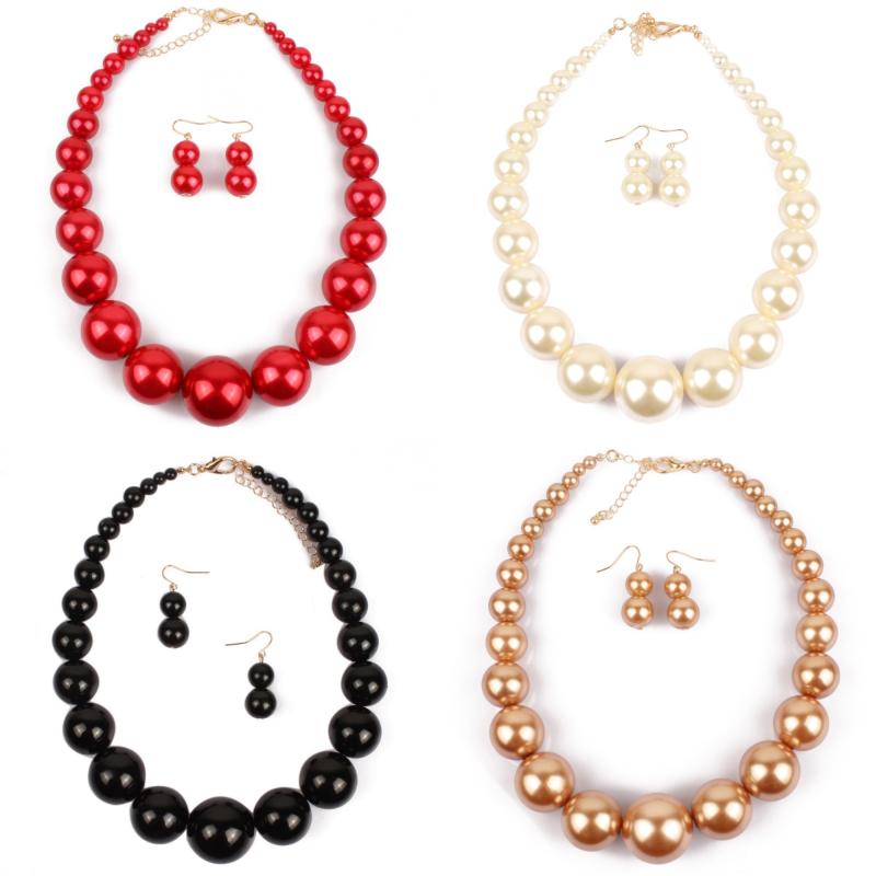 Women Big Imitation Pearl Choker Necklace and 3Pcs Set White Pearl Beaded Earrings for Valentine Night